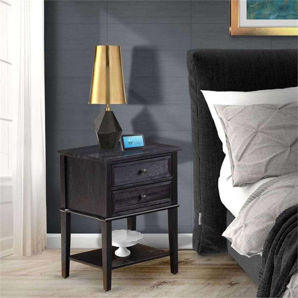 East West Furniture VL-06-ET Valencia Side Table - Rectangle Night Stand with 2 Drawers for Bedroom, 16x22 Inch Inch, Wirebrushed Black